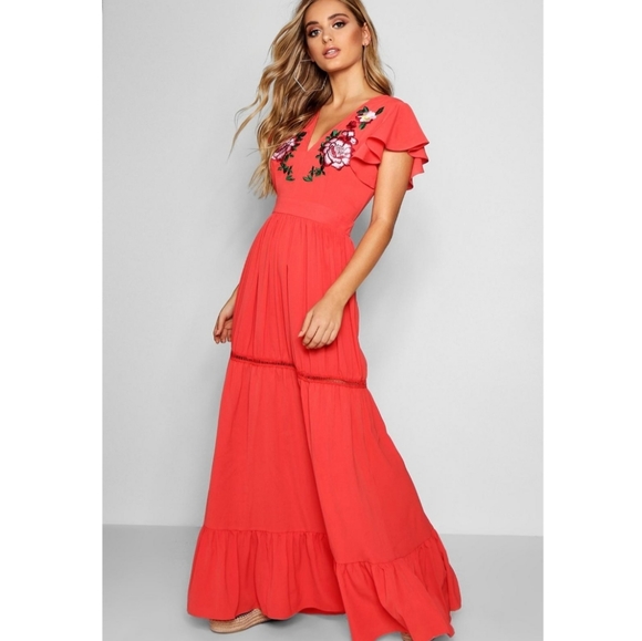 NWT ASOS | Boohoo Embroidered Maxi Dress Black - Picture 7 of 8